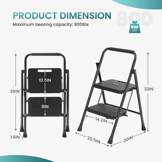 noodulike Step Ladder, 2 Step Stool Foldable with Anti-Slip Pedal & Comfortable Handrail, 800lbs Capacity Sturdy Steel Ladder, Protable Heavy Duty Step Stool for Kitchen, Garage & Outdoor Use, Black