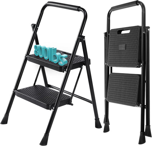 noodulike Step Ladder, 2 Step Stool Foldable with Anti-Slip Pedal & Comfortable Handrail, 800lbs Capacity Sturdy Steel Ladder, Protable Heavy Duty Step Stool for Kitchen, Garage & Outdoor Use, Black
