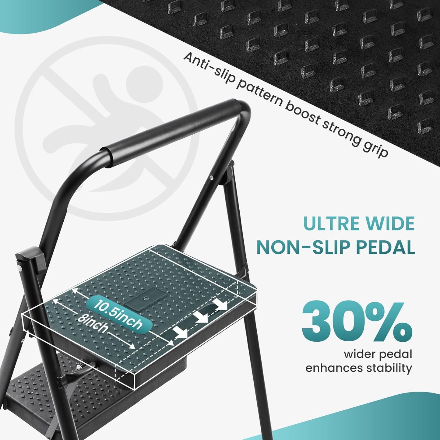 noodulike Step Ladder, 2 Step Stool Foldable with Anti-Slip Pedal & Comfortable Handrail, 800lbs Capacity Sturdy Steel Ladder, Protable Heavy Duty Step Stool for Kitchen, Garage & Outdoor Use, Black