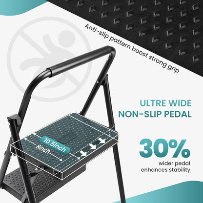 noodulike Step Ladder, 2 Step Stool Foldable with Anti-Slip Pedal & Comfortable Handrail, 800lbs Capacity Sturdy Steel Ladder, Protable Heavy Duty Step Stool for Kitchen, Garage & Outdoor Use, Black