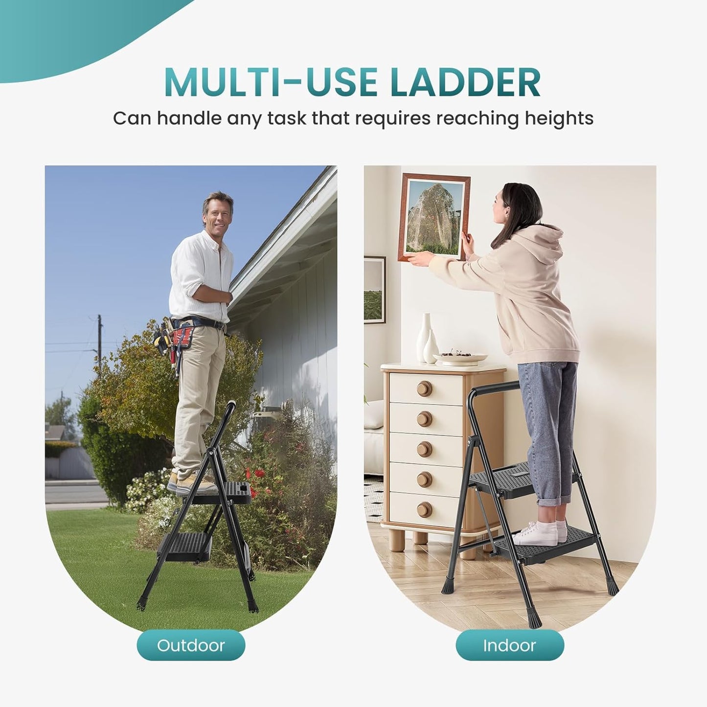 noodulike Step Ladder, 2 Step Stool Foldable with Anti-Slip Pedal & Comfortable Handrail, 800lbs Capacity Sturdy Steel Ladder, Protable Heavy Duty Step Stool for Kitchen, Garage & Outdoor Use, Black