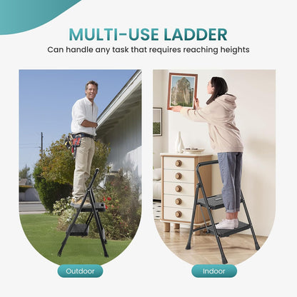 noodulike Step Ladder, 2 Step Stool Foldable with Anti-Slip Pedal & Comfortable Handrail, 800lbs Capacity Sturdy Steel Ladder, Protable Heavy Duty Step Stool for Kitchen, Garage & Outdoor Use, Black