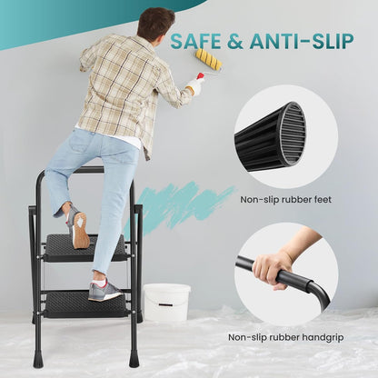 noodulike Step Ladder, 2 Step Stool Foldable with Anti-Slip Pedal & Comfortable Handrail, 800lbs Capacity Sturdy Steel Ladder, Protable Heavy Duty Step Stool for Kitchen, Garage & Outdoor Use, Black