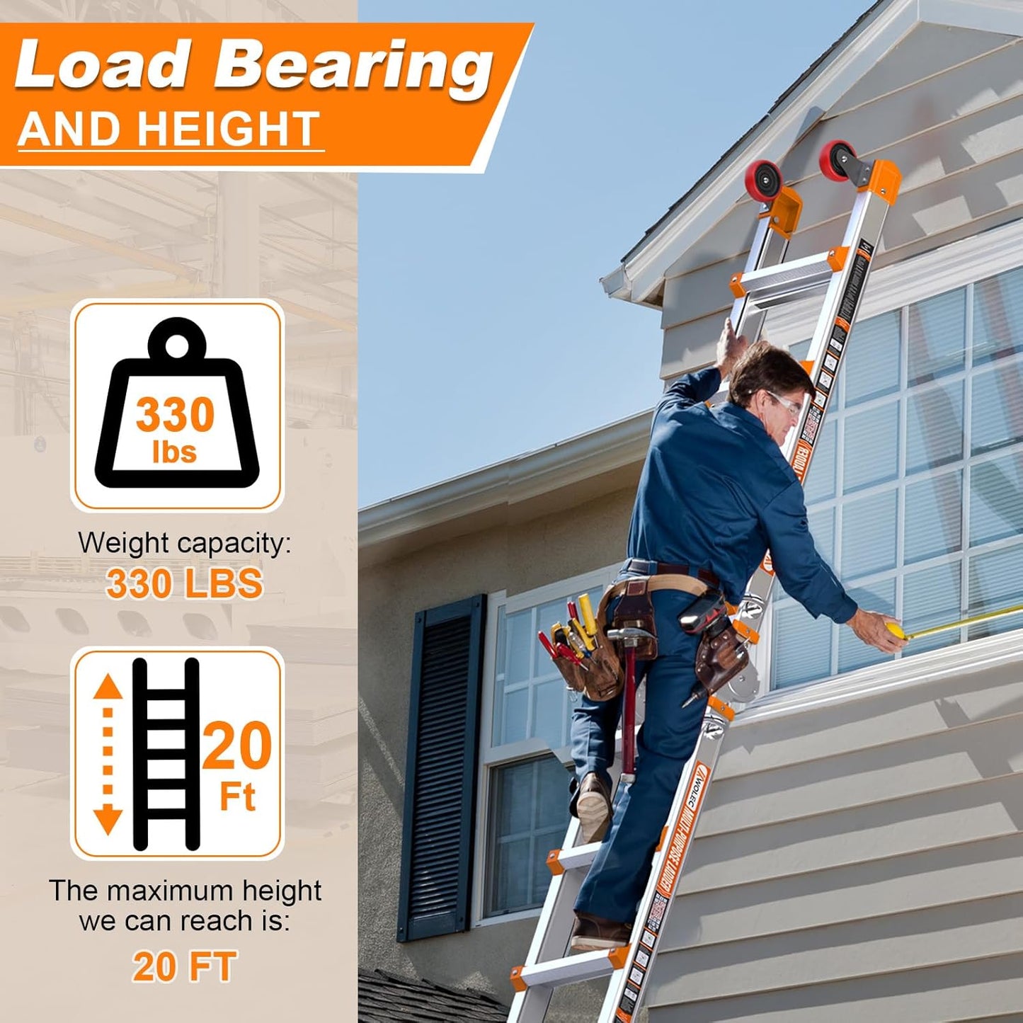 Telescoping A-Frame Ladder with Wheels & Stabilizer Bar - 20FT Folding Extension Ladder, 330lb Security Load Multi Position Ladders for Stairs Home Indoor Outdoor Roof