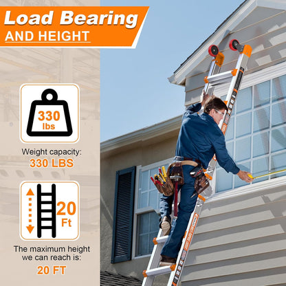 Telescoping A-Frame Ladder with Wheels & Stabilizer Bar - 20FT Folding Extension Ladder, 330lb Security Load Multi Position Ladders for Stairs Home Indoor Outdoor Roof