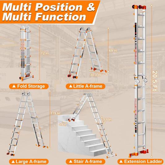Telescoping A-Frame Ladder with Wheels & Stabilizer Bar - 20FT Folding Extension Ladder, 330lb Security Load Multi Position Ladders for Stairs Home Indoor Outdoor Roof