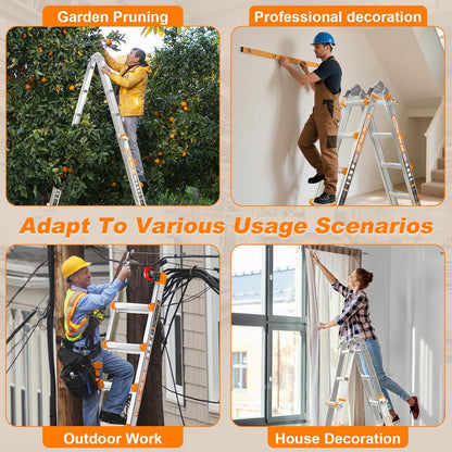 Telescoping A-Frame Ladder with Wheels & Stabilizer Bar - 20FT Folding Extension Ladder, 330lb Security Load Multi Position Ladders for Stairs Home Indoor Outdoor Roof