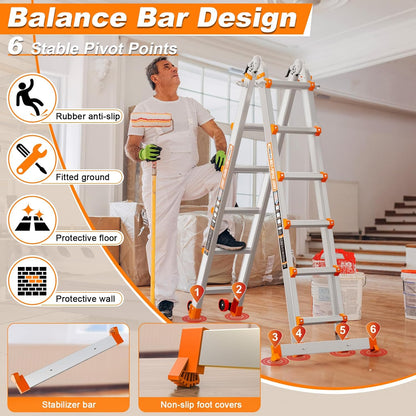 Telescoping A-Frame Ladder with Wheels & Stabilizer Bar - 20FT Folding Extension Ladder, 330lb Security Load Multi Position Ladders for Stairs Home Indoor Outdoor Roof