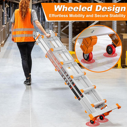 Telescoping A-Frame Ladder with Wheels & Stabilizer Bar - 20FT Folding Extension Ladder, 330lb Security Load Multi Position Ladders for Stairs Home Indoor Outdoor Roof